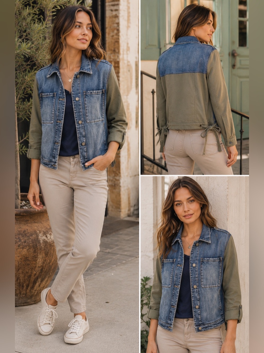 Anthropologie Pilcro And The Letterpress denim jacket with army green sleeves